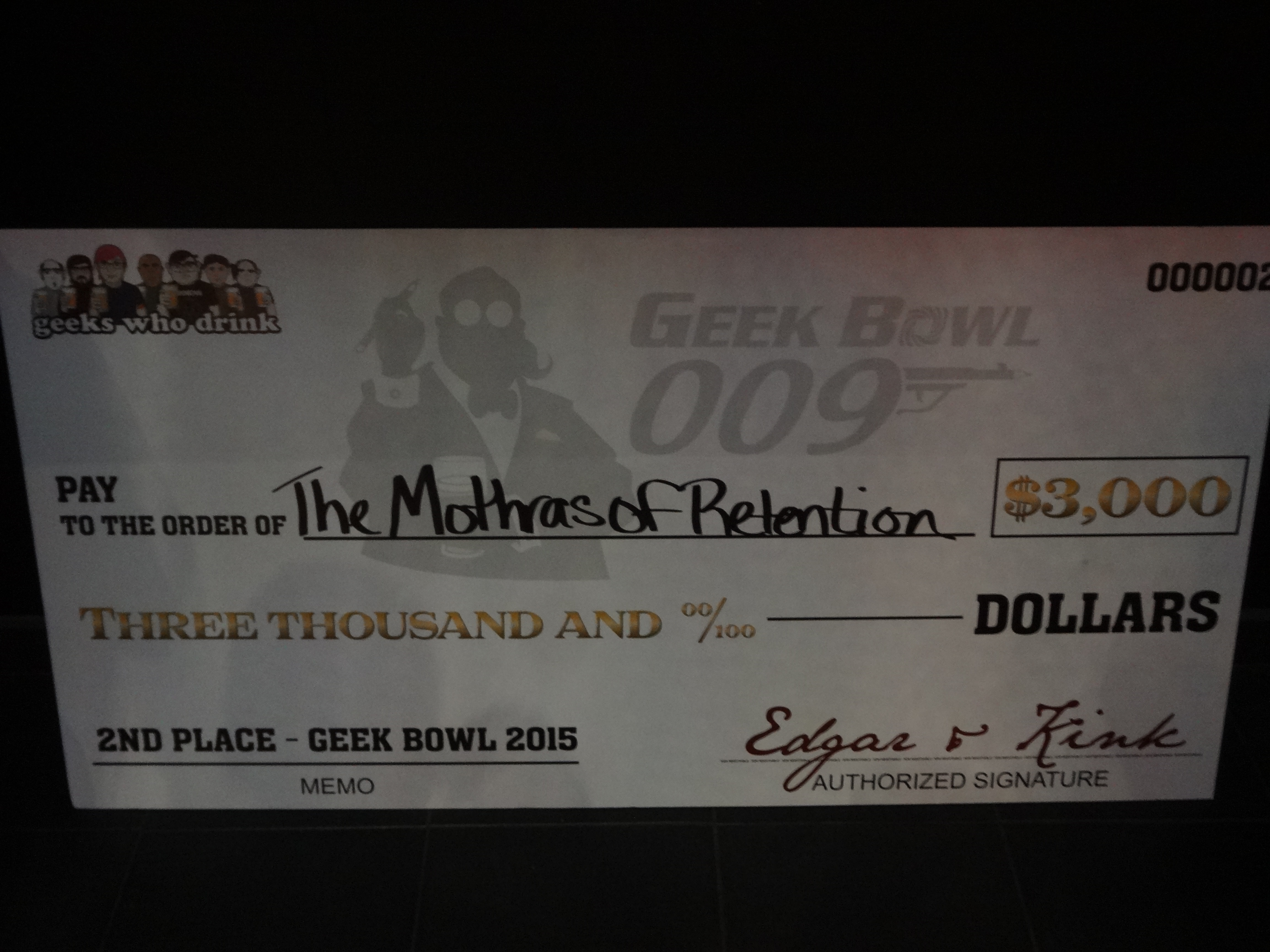 $3000 novelty check made out to Mothras of Retention