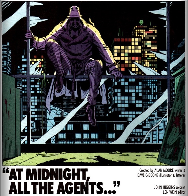Watchmen, chapter 1, page 6, top splash panel. Rorschach is perched in the Comedian's window. Below in black lettering: "At Midnight, All The Agents..."