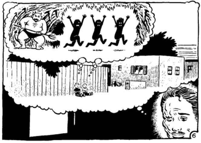 Panel from The Laughing Sun, in which Vicente remembers himself and Jesus envisioning hell as children. The vision is inside a thought bubble, enclosed in another thought bubble for the memory. 