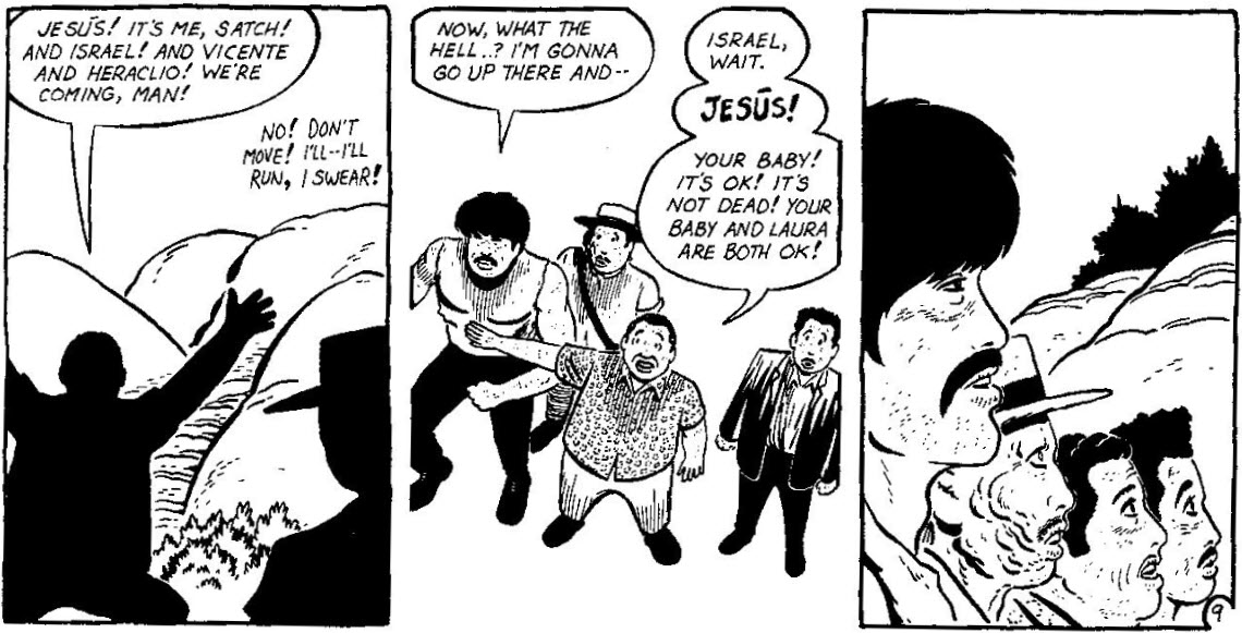 3 panels from part 2 of "The Laughing Sun". In the first, Satch calls out to Jesus, who threatens to run if they approach. In the second, Satch assures Jesus that his baby is not dead. In the third, all four men gaze up at the hills. 