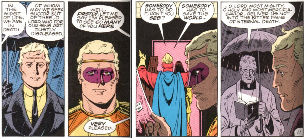 Panels from chapter 2 of Watchmen, first going from Adrian at the funeral to Ozymandais masked in 1966, then back the opposite way. 