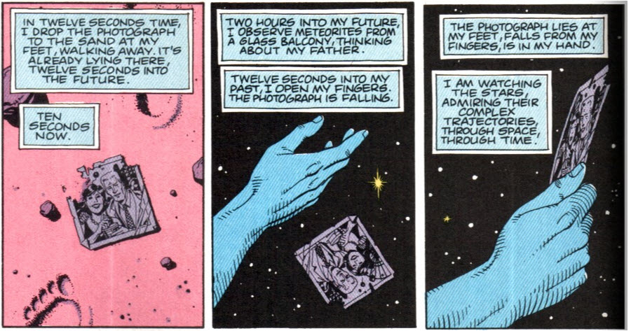 Multiple panels from page 1 and 2 of Watchmen chapter 4. First panel: A photograph lying in red sand. Caption: "In twelve seconds time I drop the photograph to the sand at my feet, walking away. It's already lying there, twelve seconds into the future. Ten seconds now." Panel 2: The photo dropping from Doctor Manhattan's hand. Caption: "Two hours into my future, I observe meteorites from a glass balcony, thinking about my father. Twelve seconds into my past, I open my fingers. The photograph is falling." Panel 3: Doctor Manhattan's hand holding the photo. Caption: "The photograph lies at my feet, falls from my fingers, is in my hand. I am watching the stars, admiring their complex trajectories, through space, through time."