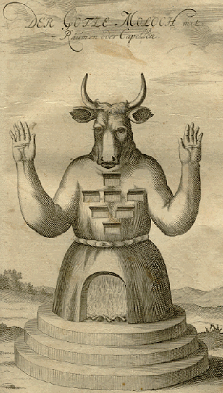 18th-century depiction of Moloch as a statue with chambers for burning.