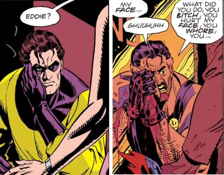 Two panels from chapter 2 of Watchmen -- one after Sally Jupiter scratches his face, the other after his Vietnamese mistress cuts his face with a broken bottle. In each, he's holding a hand to his face.
